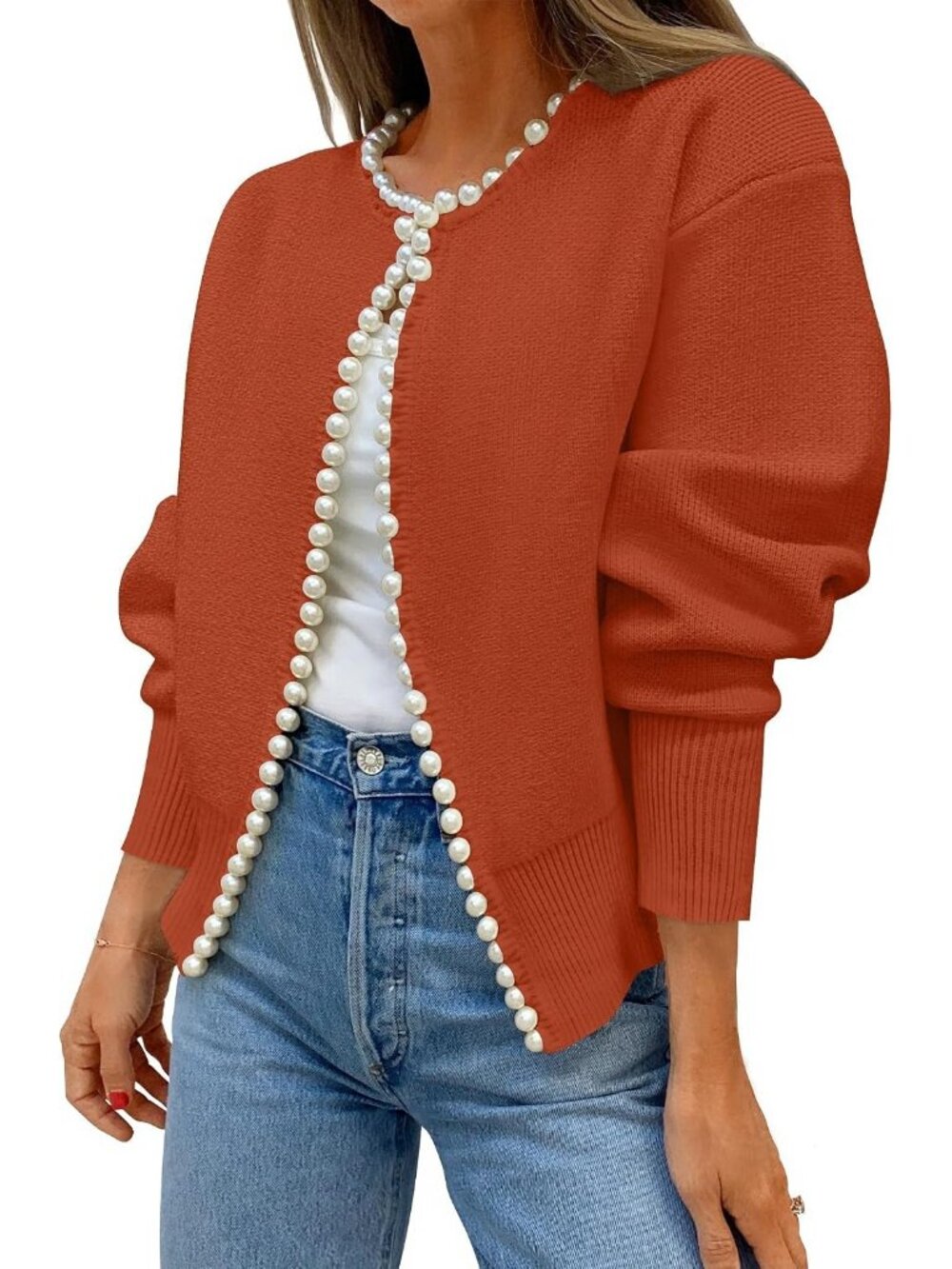 Women’s Rust Pearl Trim Open Front Long Sleeve Knit Coat Cardigan Sweater